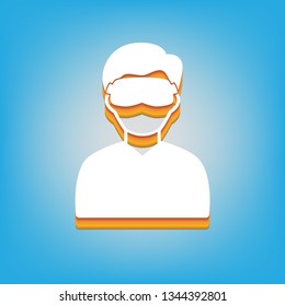 Man with sleeping mask sign. Vector. White icon with 3d warm-colored gradient body at sky blue background.