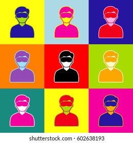 Man with sleeping mask sign. Vector. Pop-art style colorful icons set with 3 colors.