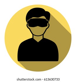 Man with sleeping mask sign. Vector. Flat black icon with flat shadow on royal yellow circle with white background. Isolated.