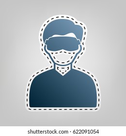 Man with sleeping mask sign. Vector. Blue icon with outline for cutting out at gray background.