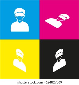 Man with sleeping mask sign. Vector. White icon with isometric projections on cyan, magenta, yellow and black backgrounds.