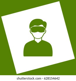 Man with sleeping mask sign. Vector. White icon obtained as a result of subtraction rotated square and path. Avocado background.