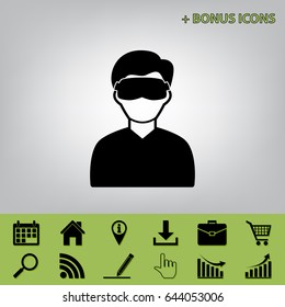Man with sleeping mask sign. Vector. Black icon at gray background with bonus icons 