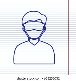 Man with sleeping mask sign. Vector. Navy line icon on notebook paper as background with red line for field.