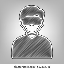Man with sleeping mask sign. Vector. Pencil sketch imitation. Dark gray scribble icon with dark gray outer contour at gray background.