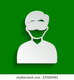 Man with sleeping mask sign. Vector. Paper whitish icon with soft shadow on green background.