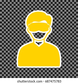Man with sleeping mask sign. Vector. Yellow icon with white contour on dark transparent background.