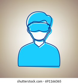 Man with sleeping mask sign. Vector. Sky blue icon with defected blue contour on beige background.