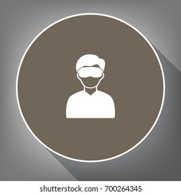 Man with sleeping mask sign. Vector. White icon on brown circle with white contour and long shadow at gray background. Like top view on postament.