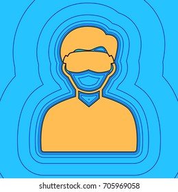 Man with sleeping mask sign. Vector. Sand color icon with black contour and equidistant blue contours like field at sky blue background. Like waves on map - island in ocean or sea.