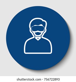 Man with sleeping mask sign. Vector. White contour icon in dark cerulean circle at white background. Isolated.