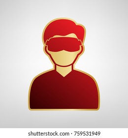 Man with sleeping mask sign. Vector. Red icon on gold sticker at light gray background.