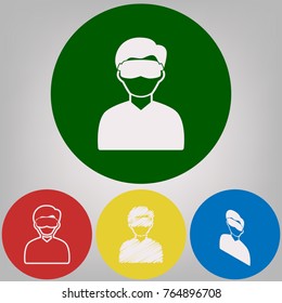 Man with sleeping mask sign. Vector. 4 white styles of icon at 4 colored circles on light gray background.