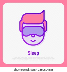 Man in sleeping mask thin line icon. Eye mask for insomnia treatment, resting when travelling. Vector illustration.
