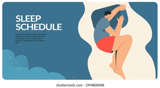 Man sleeping at night in the bedroom Male character lying in bed. Guy in pajama having a sweet dream. Healthy lifestyle, relax, calm concept. Flat vector illustration for web banner template