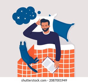 Man sleeping at night with book and cat. Person sleep in bed on pillow under duvet. Peaceful dream and relax. Resting time and comfortable relaxation. Sweet dreams, good health. Vector illustration