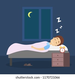 Man sleeping at night in his bed. Lying in comfort on the pillow under blanket. Flat vector illustration