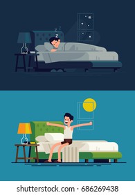 Man sleeping at night and waking up in the morning. Flat vector illustration on man resting in his bedroom and stretching sitting on his bed after getting up
