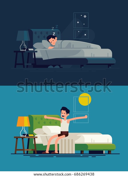 夜寝て朝起きる男 寝室で休み 起き上がった後ベッドに座ってストレッチする男性の平らなベクターイラスト のベクター画像素材 ロイヤリティフリー