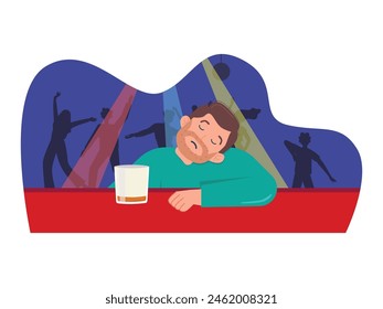 Man sleeping in a nightclub, drunk on alcohol with lights and music. Character design. Vector flat illustration