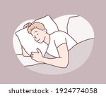 Man sleeping on bed in bedroom at home. Hand drawn style vector design illustrations.