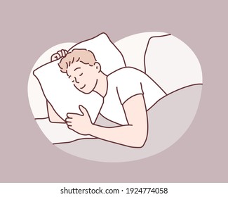 Man sleeping on bed in bedroom at home. Hand drawn style vector design illustrations.