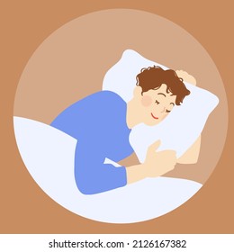 Man sleeping on bed in bedroom at home. Hand drawn style vector design illustrations.