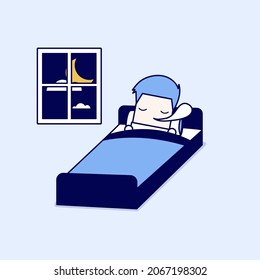 El hombre está durmiendo en la cama. Caracteres de dibujos animados vector de estilo de línea delgada.