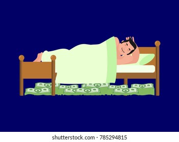 Man is sleeping on bed. Money Under bed,. Wealth. lot of cash. Lucky vector illustration
