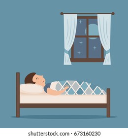 A man is sleeping on the bed. Night bedroom. Vector flat illustration.