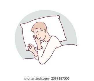 man sleeping on the bed Portrait of beautiful man lying on comfortable bed holding pillow with white bedding in bright bedroom. Hand drawn style vector design illustrations.