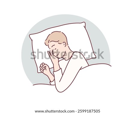 man sleeping on the bed Portrait of beautiful man lying on comfortable bed holding pillow with white bedding in bright bedroom. Hand drawn style vector design illustrations.
