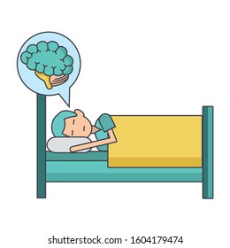 man sleeping on bed and speech bubble with brain icon over white background, vector illustration