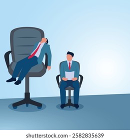 A man sleeping on a big chair and another on a small chair. Illustration for privilege, difference and injustice.