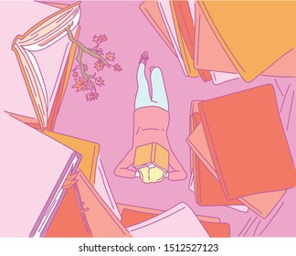 A man sleeping on a book in a room full of huge books. hand drawn style vector design illustrations. 