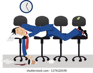 Man sleeping on chair in the office in the middle of work day, EPS 8 vector illustration