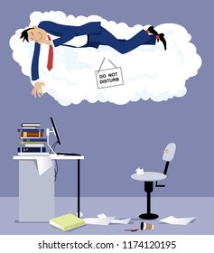 Man sleeping on a cloud with do not disturb sign over his office desk, EPS 8 vector illustration