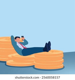 A man sleeping on coins holding a mobile phone. Illustration for earning money online, work from home, freelance.