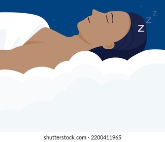A man sleeping on comfortable bed, healthy sleep concept. flat vector illustration.