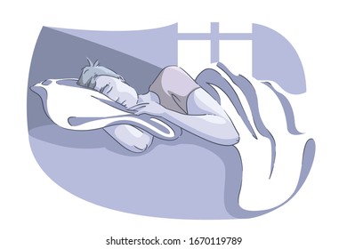Man sleeping on comfy pillow in morning vector illustration. Tired person resting under warm blanket at home cartoon design. Sweet dreams and bedtime concept
