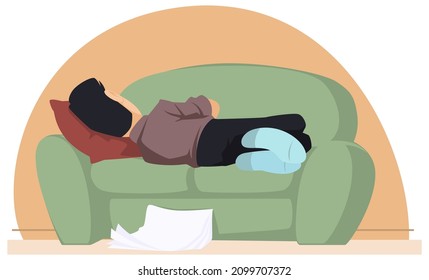 Man is sleeping on couch. Illustration concept for mobile website and internet development.