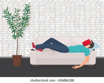 Man sleeping on the couch sofa with book covering his face. Tired student fall asleep