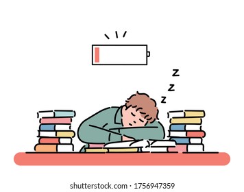 A man is sleeping desk full books  hand drawn style vector design illustrations  