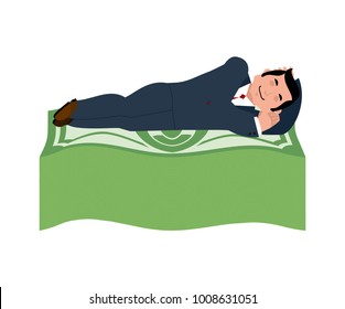 Man is sleeping on dollars. Money Under bed. Wealth. lot of cash. Lucky vector illustration
