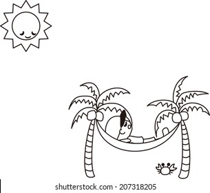 A man is sleeping on the hammock, and Sun is sleeping, too.