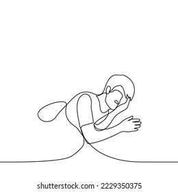 man sleeping on his side with his hand instead of a pillow - one line drawing vector. concept to sleep without a pillow, dormouse