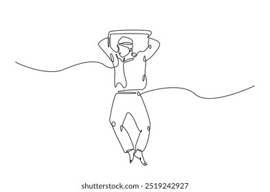 Hombre durmiendo en la cama de la almohada continua una línea de dibujo. Hombre durmiente en ilustración de arte de una sola línea. Vector editable.  