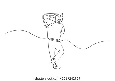 Hombre durmiendo en la cama de la almohada continua una línea de dibujo. Hombre durmiente en ilustración de arte de una sola línea. Vector editable.  