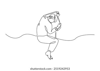 Hombre durmiendo en la cama de la almohada continua una línea de dibujo. Hombre durmiente en ilustración de arte de una sola línea. Vector editable.  