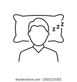 Man Sleeping On Pillow Line Icon Indicating Sleep Hygiene And Bedtime Routine. Health And Rest Symbol. Isolated Vector Illustration.